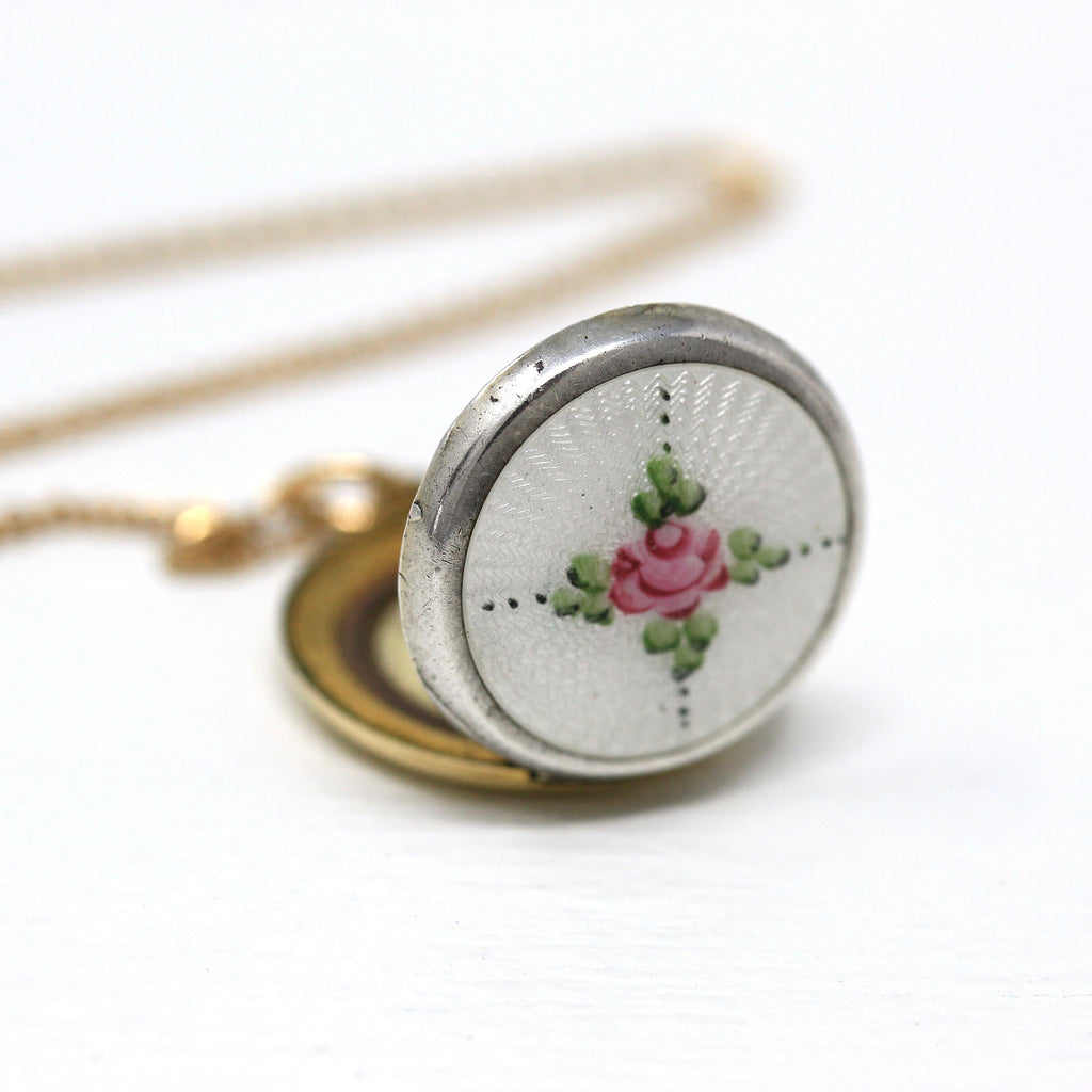 Vintage Flower Locket - Gold Filled & Silver Guilloche Enamel Necklace - Mid Century 1940s Pink White Rose Floral Original Photo Jewelry