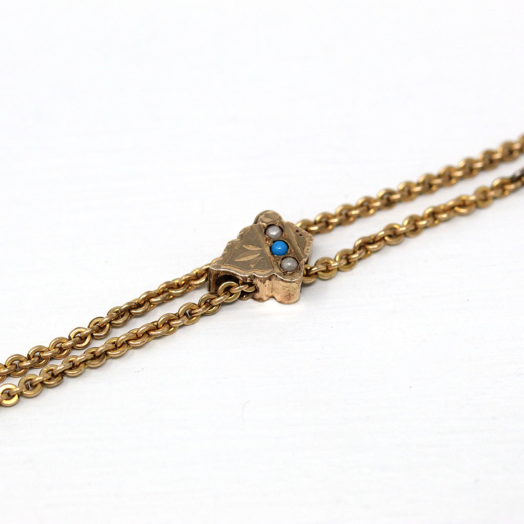 Antique Slide Chain - Edwardian Gold Filled Simulated Turquoise & Seed Pearls Lorgnette Necklace - Circa 1900s Era Cable Charm Slide Jewelry