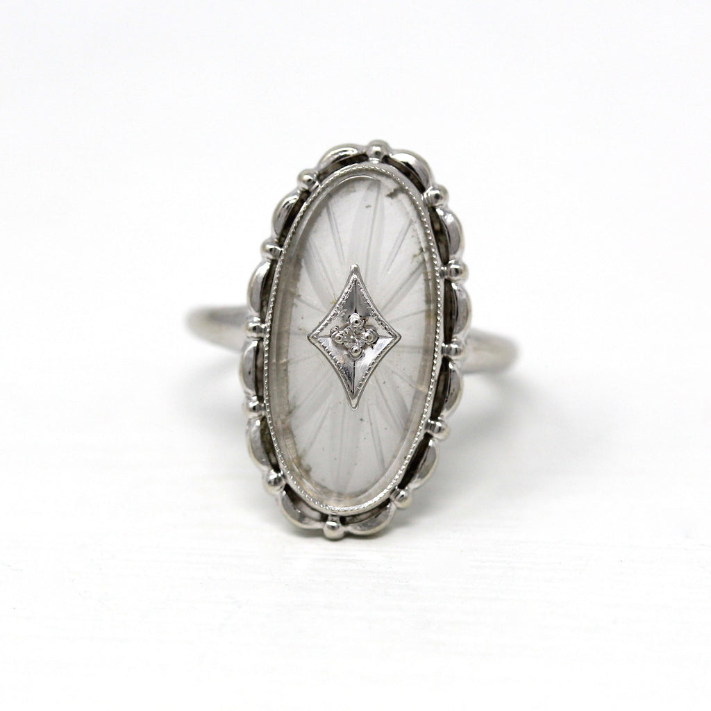 Rock Crystal Quartz Ring - Vintage Retro Era 10k White Gold Genuine Diamond Statement - Circa 1940s Size 7.5 Oval Shaped Jewelry