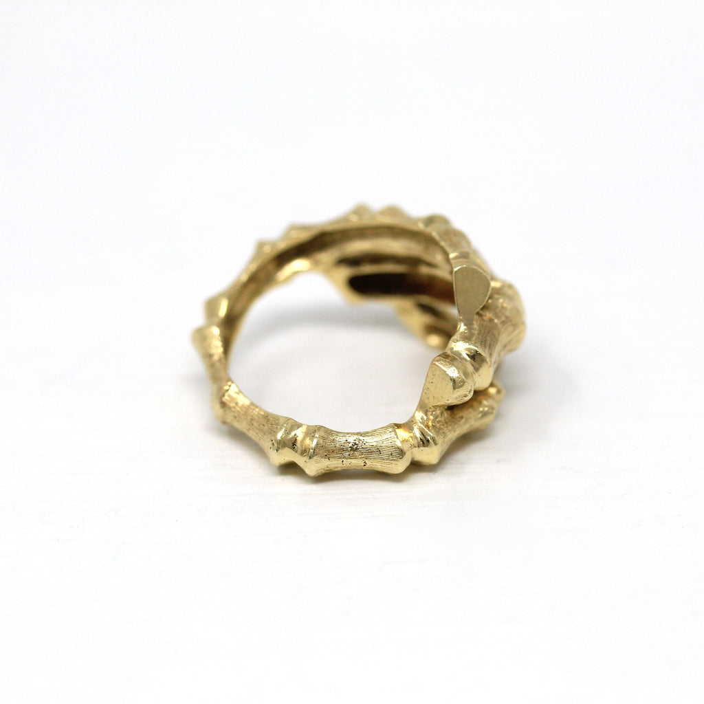 Bamboo Design Ring - Vintage 14k Yellow Gold Statement Plant Band - Retro 1970s Size 4 3/4 Nature Inspired Unique Bypass 70s Fine Jewelry