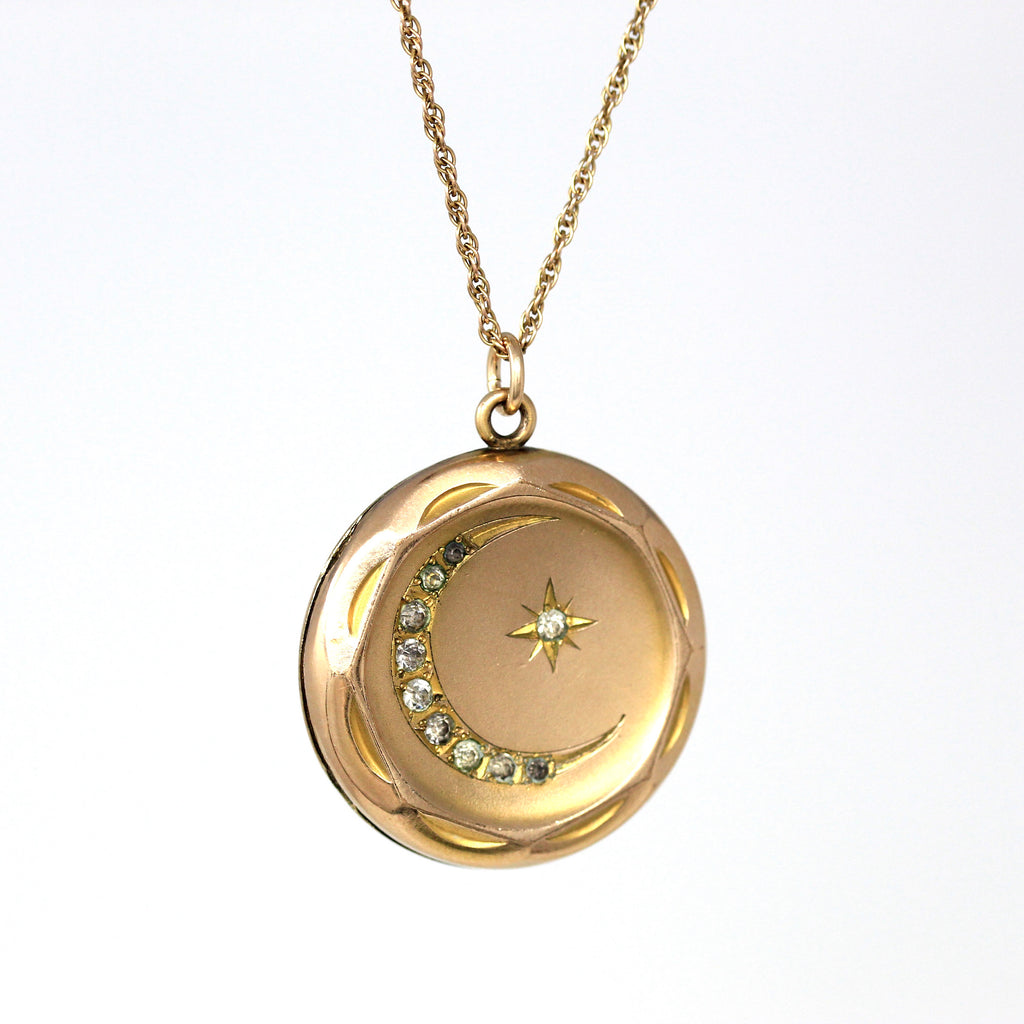 Star & Moon Locket - Antique Gold Filled Rhinestones Pendant Necklace Charm - Edwardian Circa 1900s Era Celestial Crescent Statement Jewelry