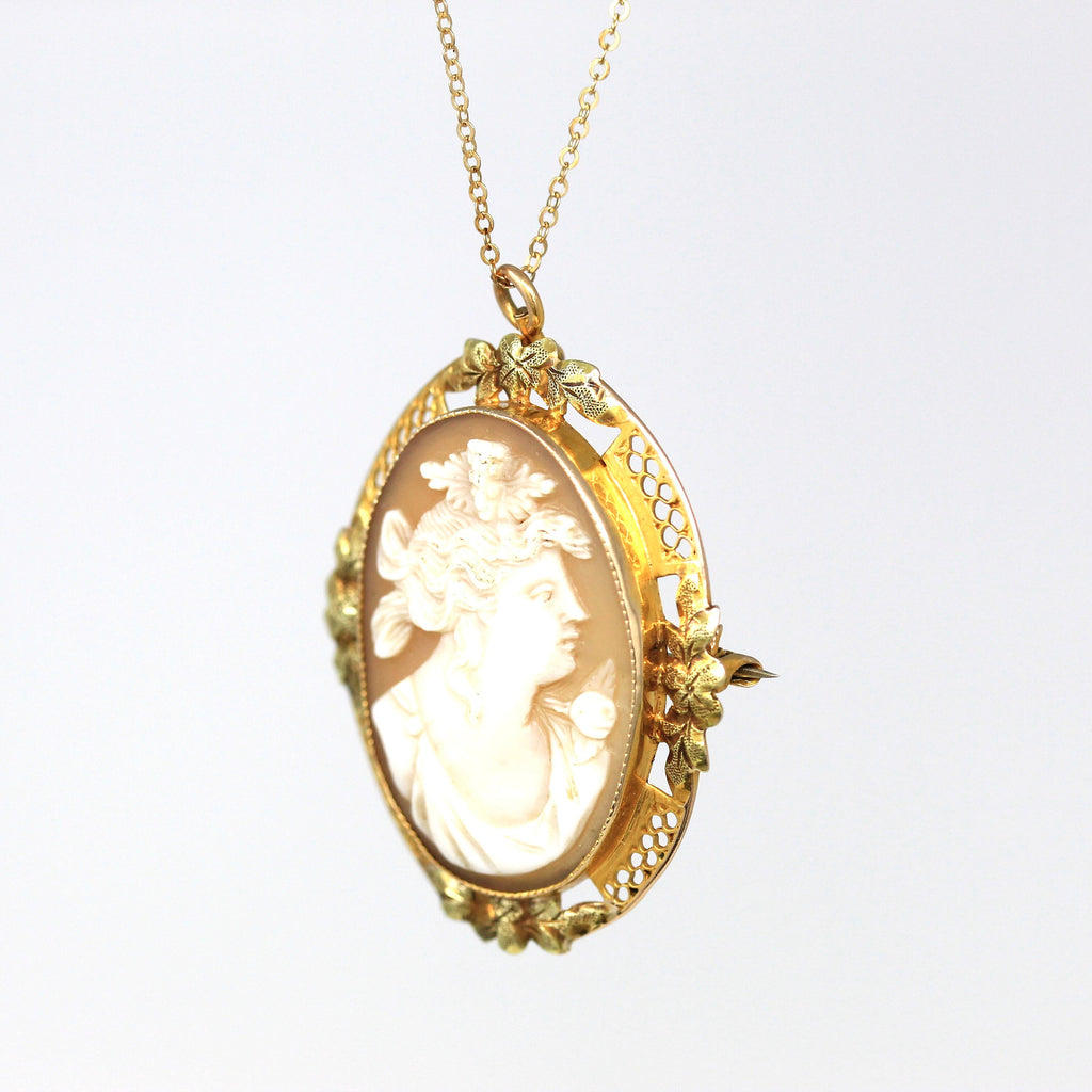 Antique Cameo Brooch - Edwardian 10k Yellow Gold Carved Shell Pendant Necklace - Circa 1910s Era Dionysus Bacchus Fashion Accessory Jewelry