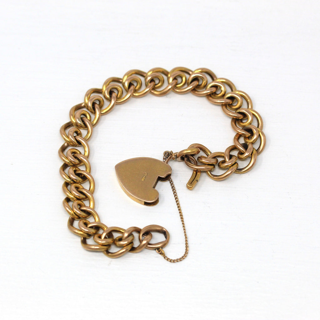 Vintage Padlock Bracelet - Retro 9ct Yellow Gold Heart Shaped Key Charm - Circa 1940s Era Chain Fashion Accessory Statement Fine 40s Jewelry