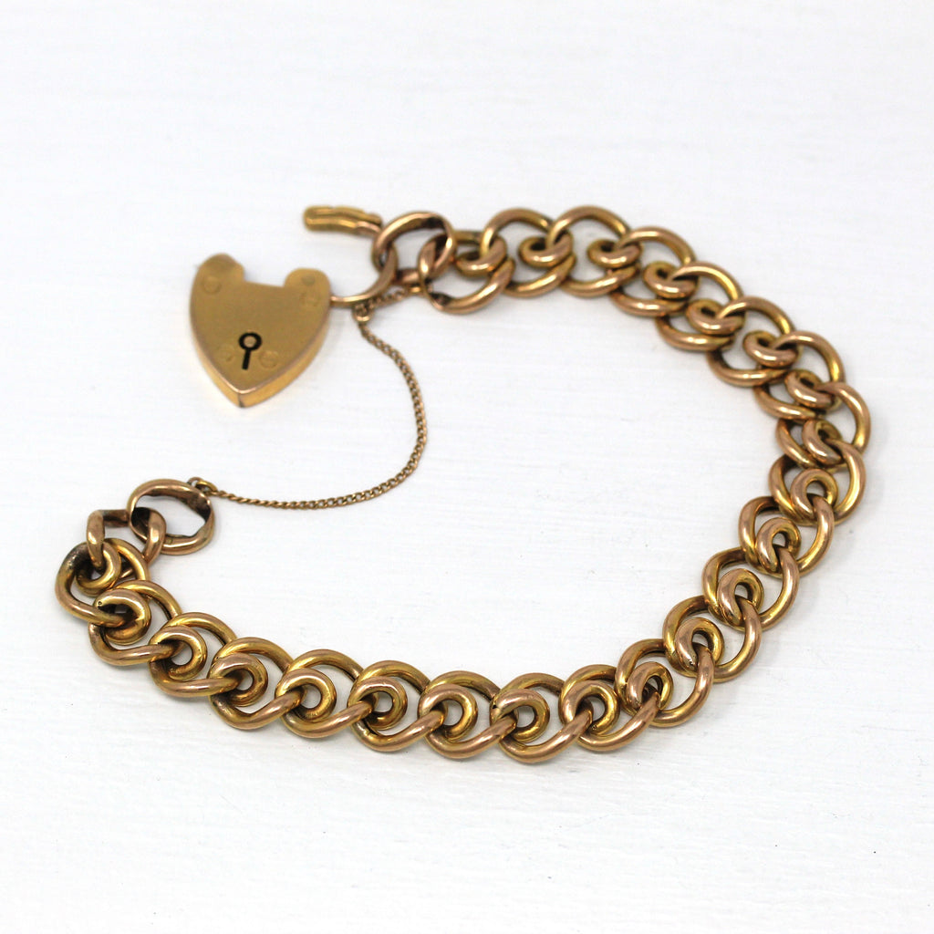 Vintage Padlock Bracelet - Retro 9ct Yellow Gold Heart Shaped Key Charm - Circa 1940s Era Chain Fashion Accessory Statement Fine 40s Jewelry