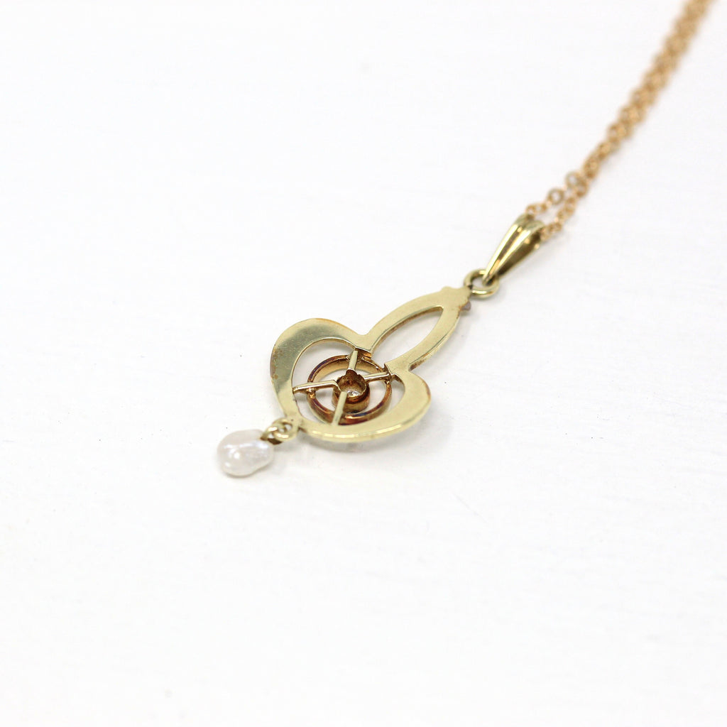 Antique Lavalier Necklace - Edwardian 14k Yellow Gold Genuine .04 CT Diamond Pendant - Circa 1910s Era Art Nouveau Baroque Pearl Jewelry