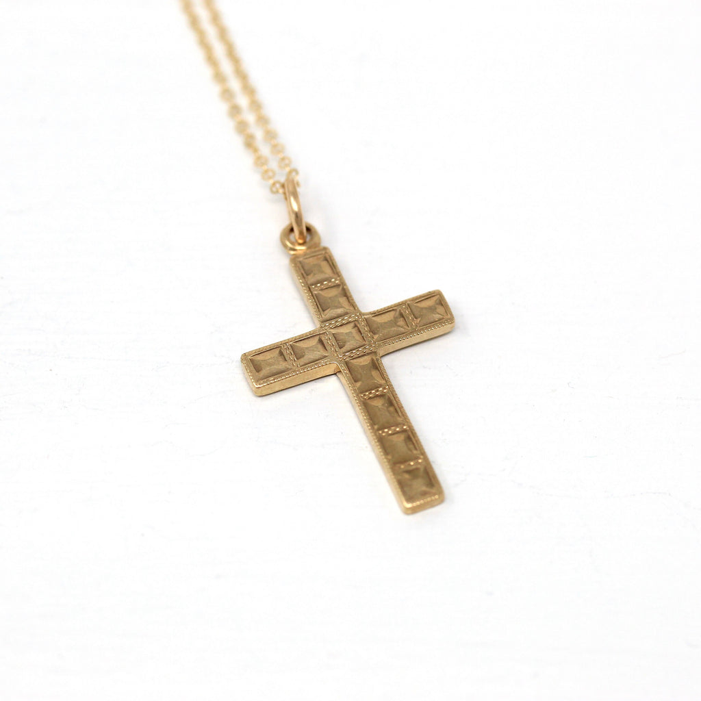 Vintage Cross Necklace - Retro 10k Yellow Gold Statement Crucifix Pendant Charm - Circa 1940s Era Religious Faith Fine La Mode 40s Jewelry