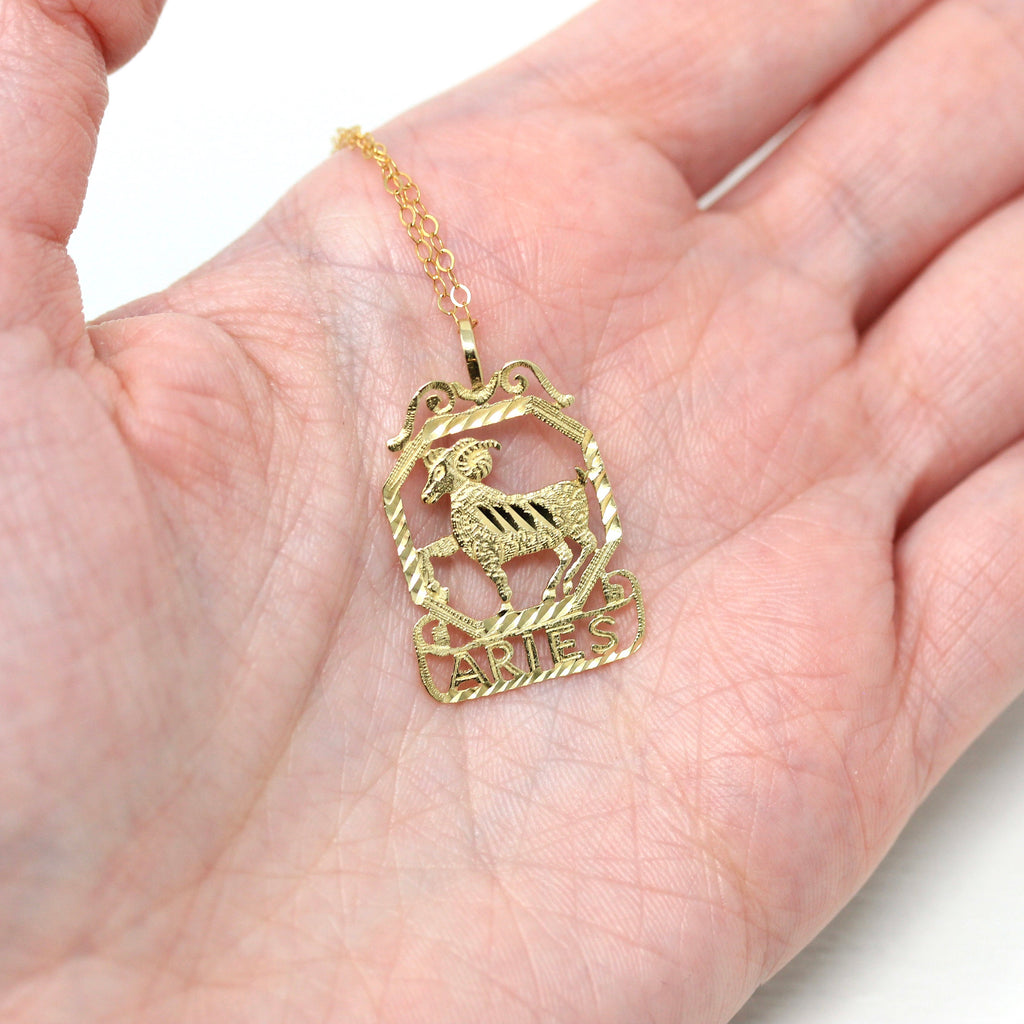 Vintage Aries Pendant - Retro 14k Yellow Gold Ram Astrological Sign Necklace Charm - Circa 1970s Zodiac Celestial Fire Element Fine Jewelry