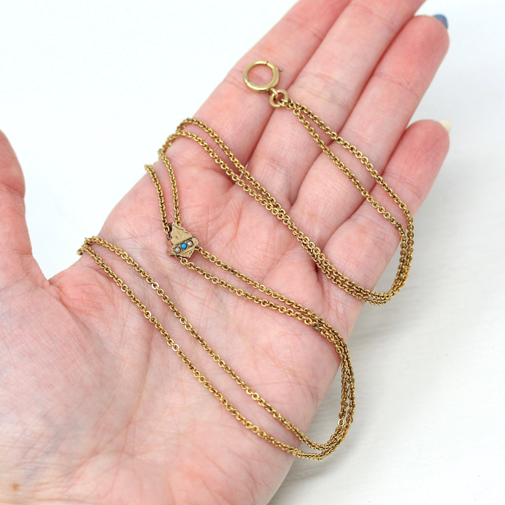 Antique Slide Chain - Edwardian Gold Filled Simulated Turquoise & Seed Pearls Lorgnette Necklace - Circa 1900s Era Cable Charm Slide Jewelry