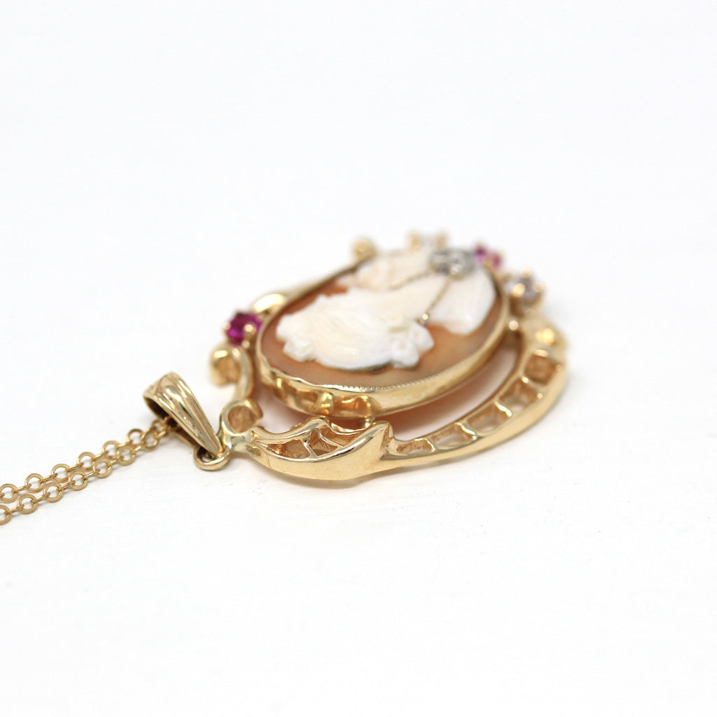 Vintage Cameo Necklace - Retro 10k Yellow Gold Carved Shell Habillé Pendant - Circa 1940s Era Diamond Created Ruby White Zircon 40s Jewelry