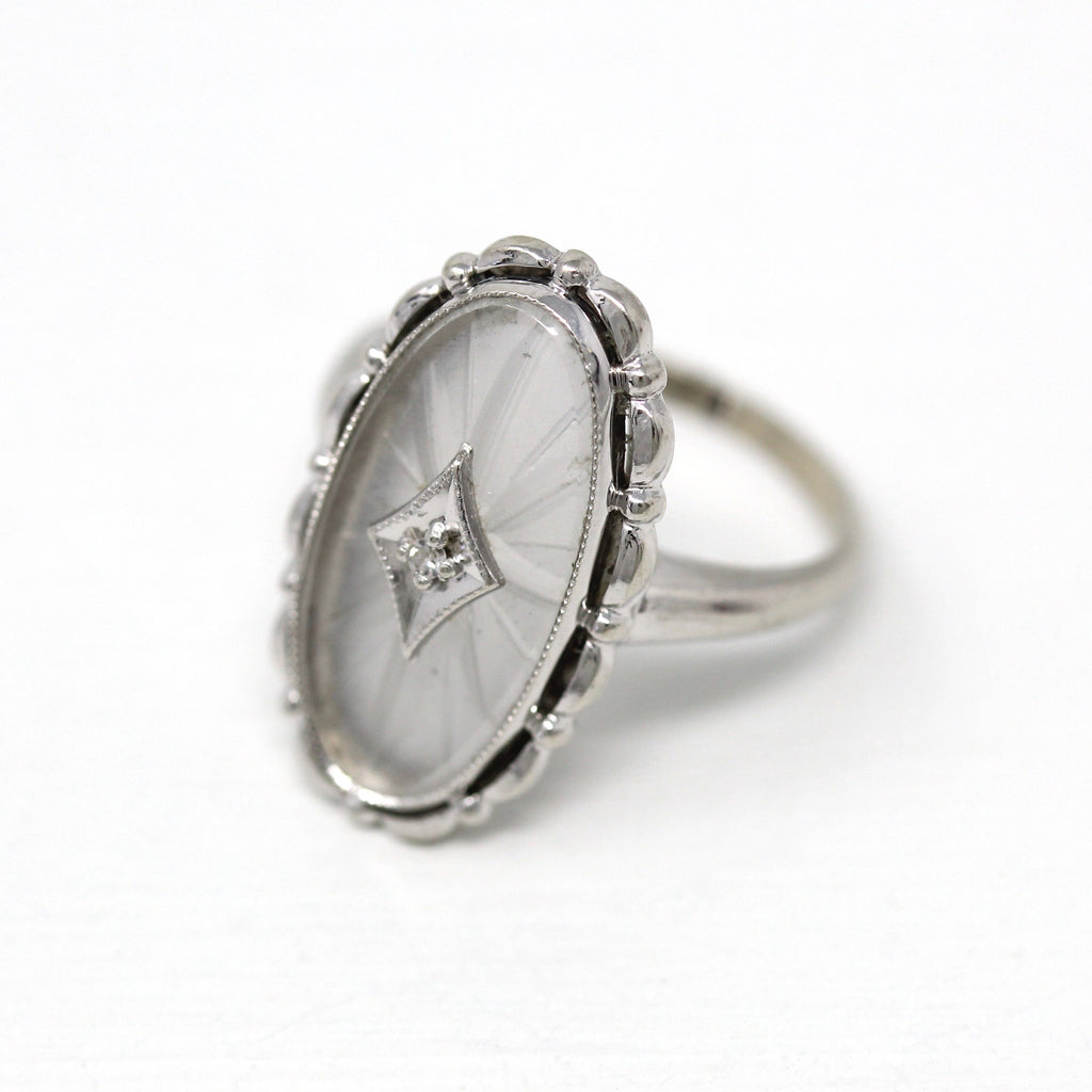 Rock Crystal Quartz Ring - Vintage Retro Era 10k White Gold Genuine Diamond Statement - Circa 1940s Size 7.5 Oval Shaped Jewelry