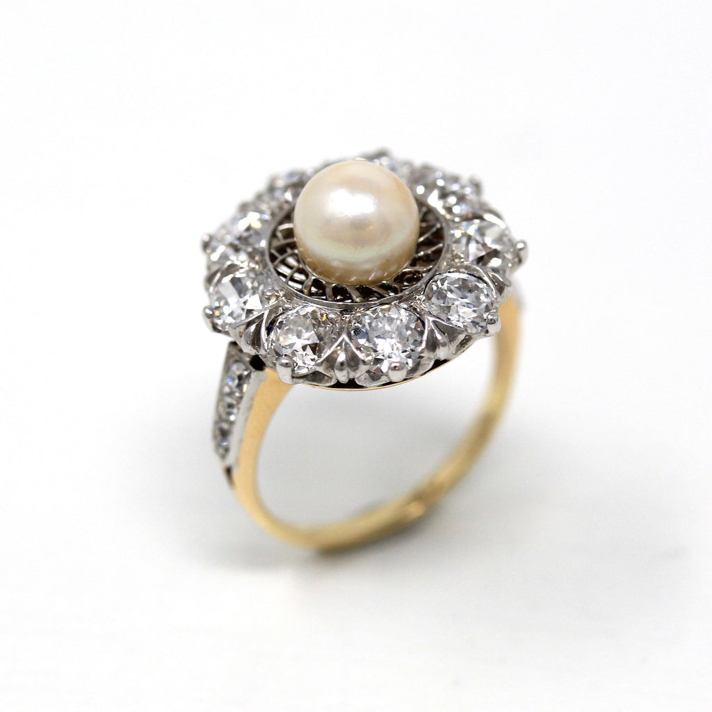 Cultured Pearl & Diamond Halo Ring - Edwardian 14k Yellow Gold Platinum 1.86 CTW Old European Cut - Antique Circa 1910s Size 5 1/4 Jewelry