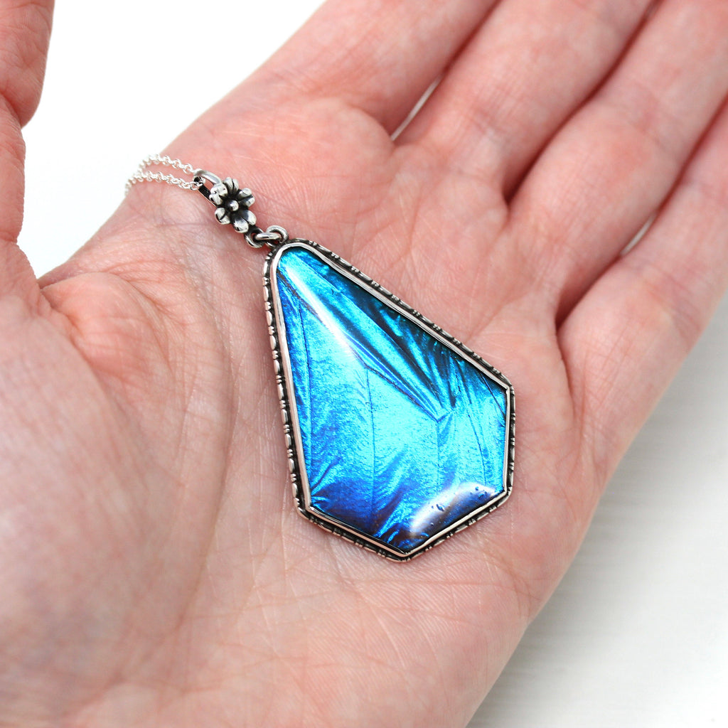 Morpho Butterfly Pendant - Art Deco Sterling Silver Blue Bug Insect Wing Necklace - Antique Circa 1920s Era English Statement Flower Jewelry