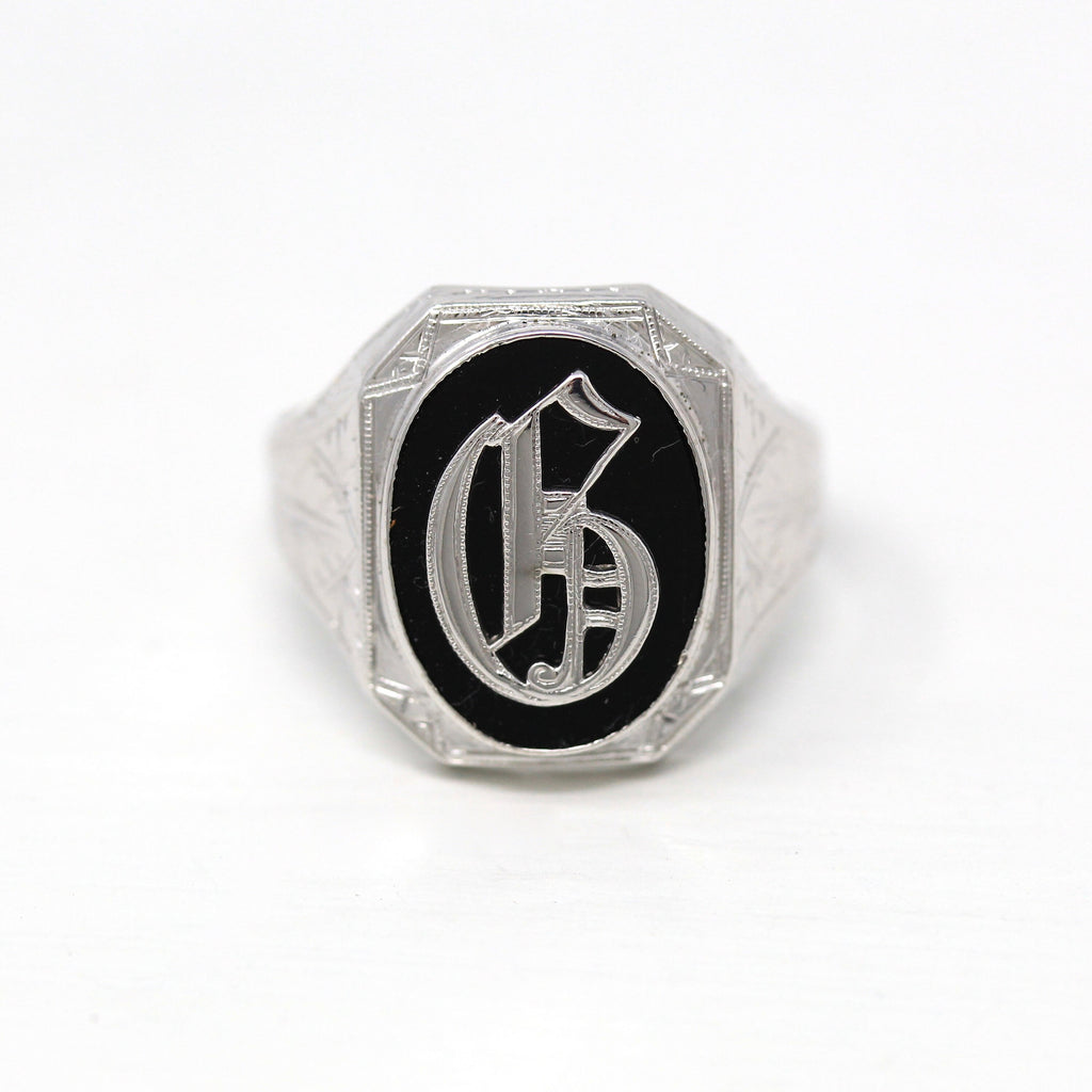 Letter "G" Ring - Art Deco 14k White Gold Genuine Black Onyx Old English Initial - Vintage Circa 1930s Size 10 Statement Unisex Fine Jewelry