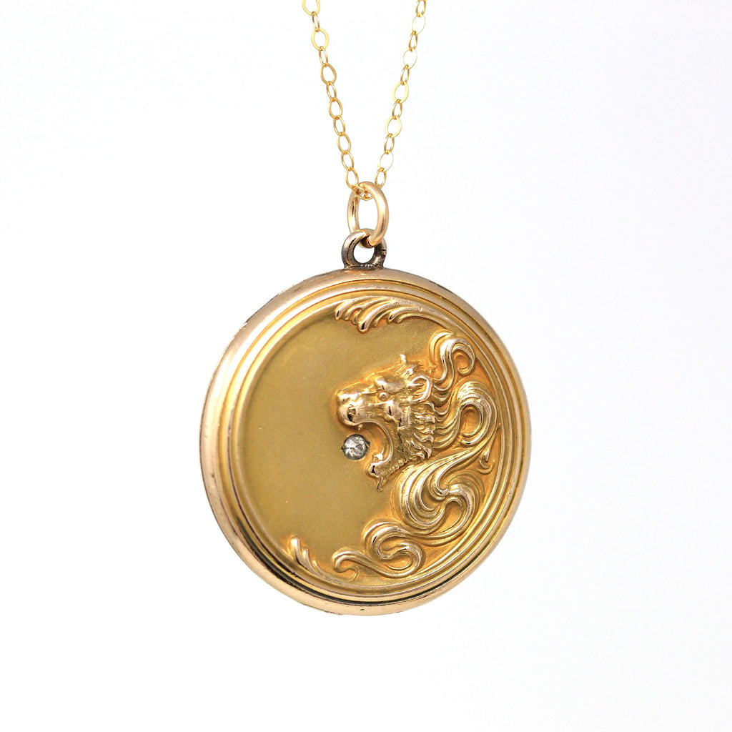Antique Lion Locket - Gold Filled Art Nouveau Pendant Necklace - Circa 1900s Rhinestone Edwardian Era Statement C & Q R Figural Jewelry