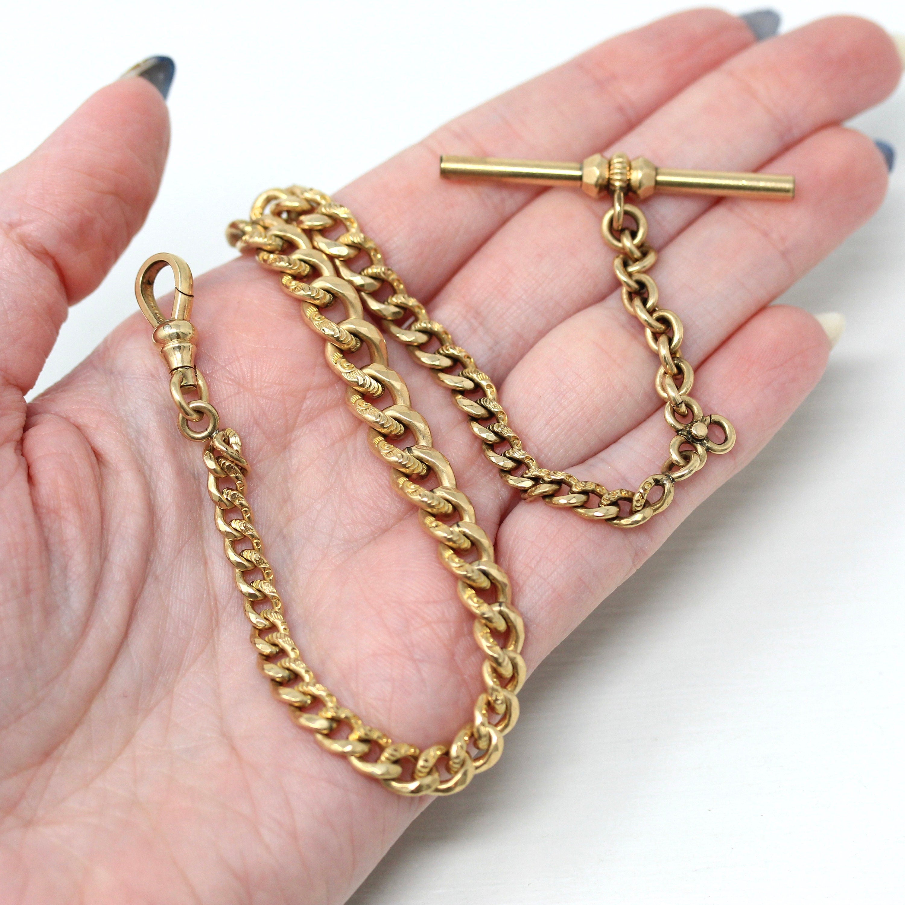 Pocket Watch Chain Antique Gold Filled 12 Inch Curb Link Chain T Bar