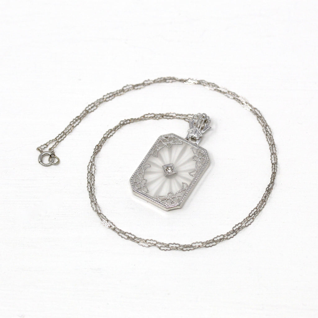 Rock Crystal Quartz Necklace - Art Deco 14k White Gold Genuine Diamond Pendant - Vintage Circa 1930s Era Statement Filigree Fine 30s Jewelry