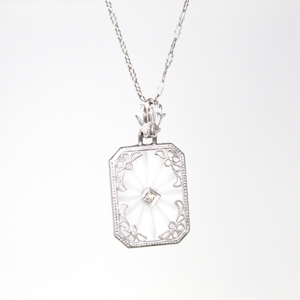 Rock Crystal Quartz Necklace - Art Deco 14k White Gold Genuine Diamond Pendant - Vintage Circa 1930s Era Statement Filigree Fine 30s Jewelry