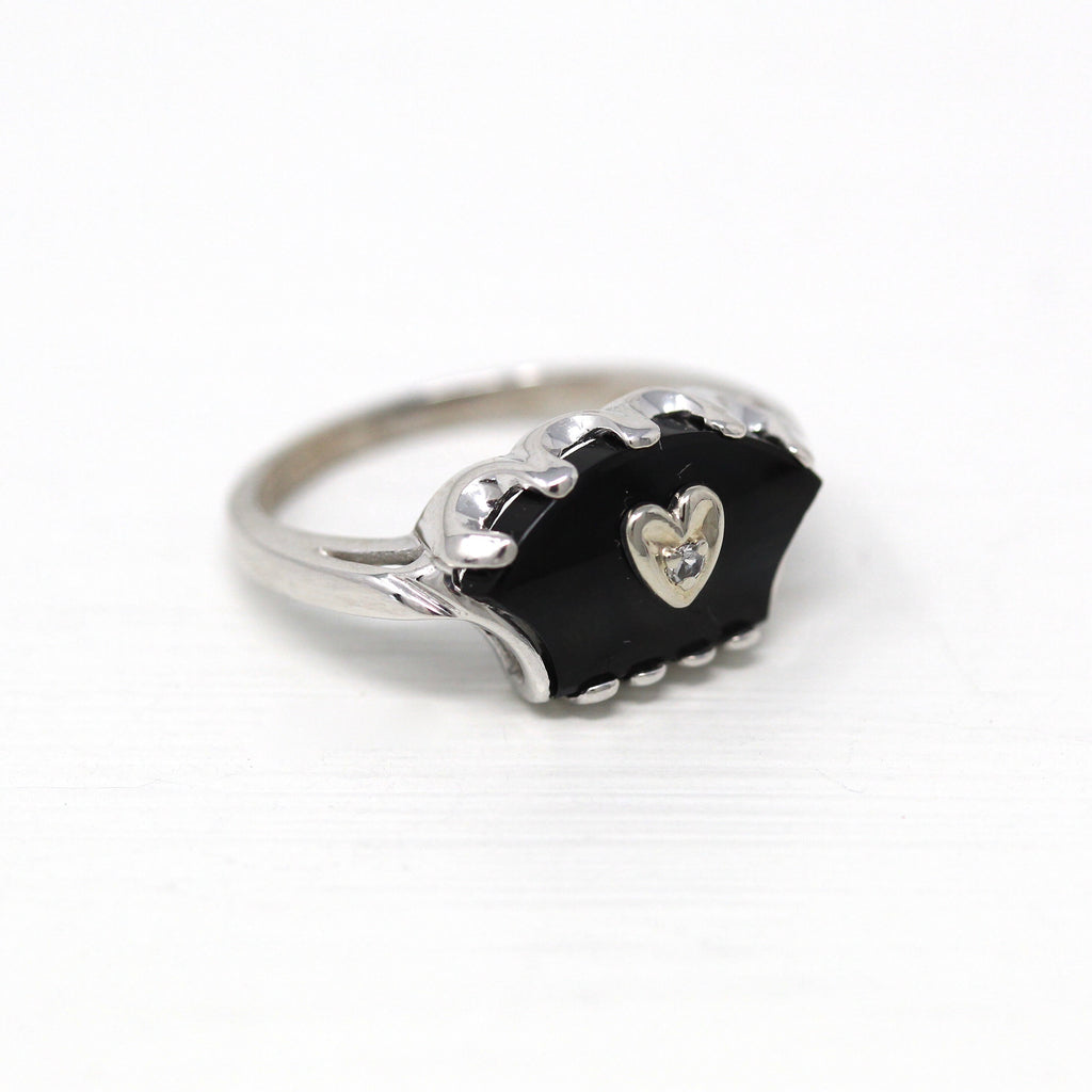 Mid Century Onyx Ring - Retro 10k White Gold Genuine Black Gemstone Statement - Circa 1950s Era Size 5.75 Love Heart Design Fine 50s Jewelry