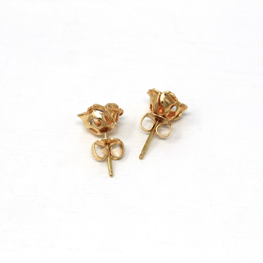 Diamond Flower Earrings - Modern 14k Yellow Gold Genuine .06 CTW Gemstone Studs - Estate Circa 2000's Era Floral April Birthstone Jewelry