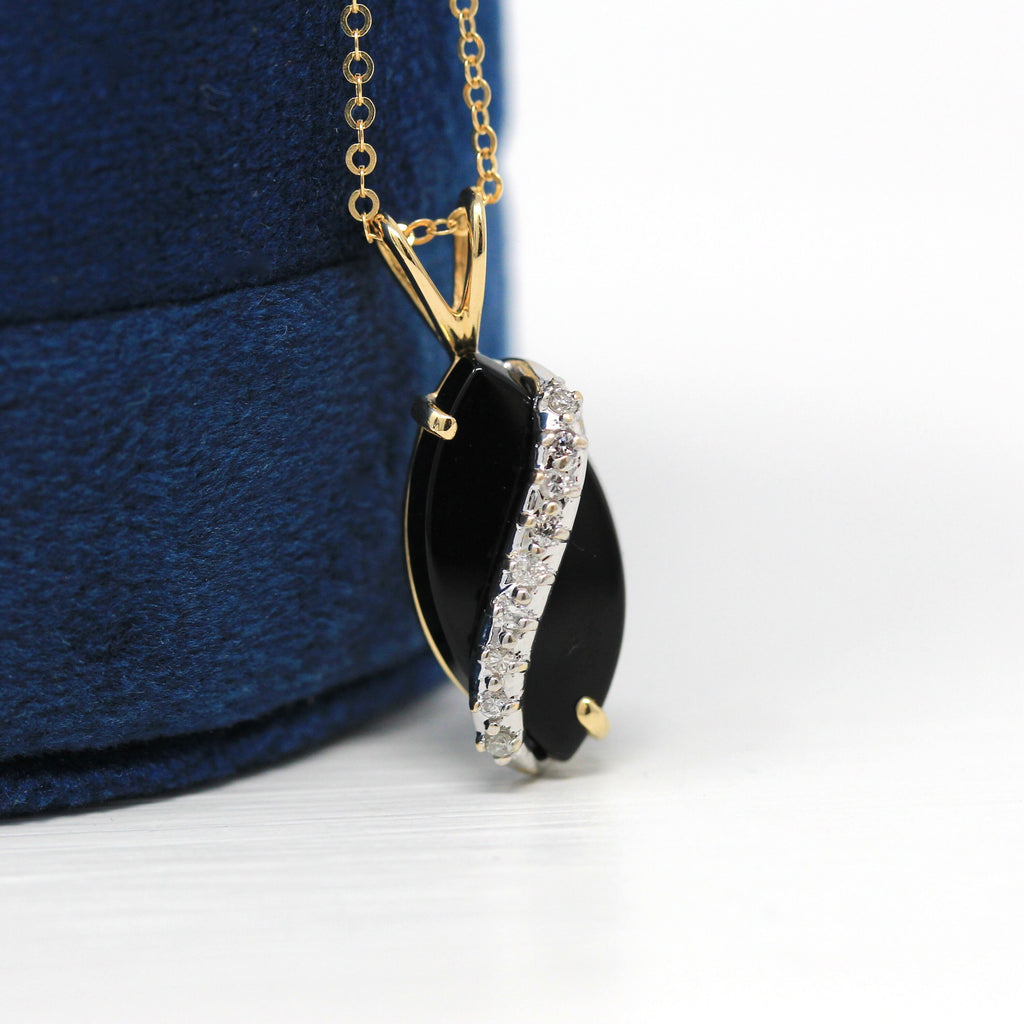 Onyx & Diamond Pendant - Modern 14k Yellow Gold Marquise Cut Black Gemstone Necklace - Estate Circa 2000's Era April Birthstone Fine Jewelry