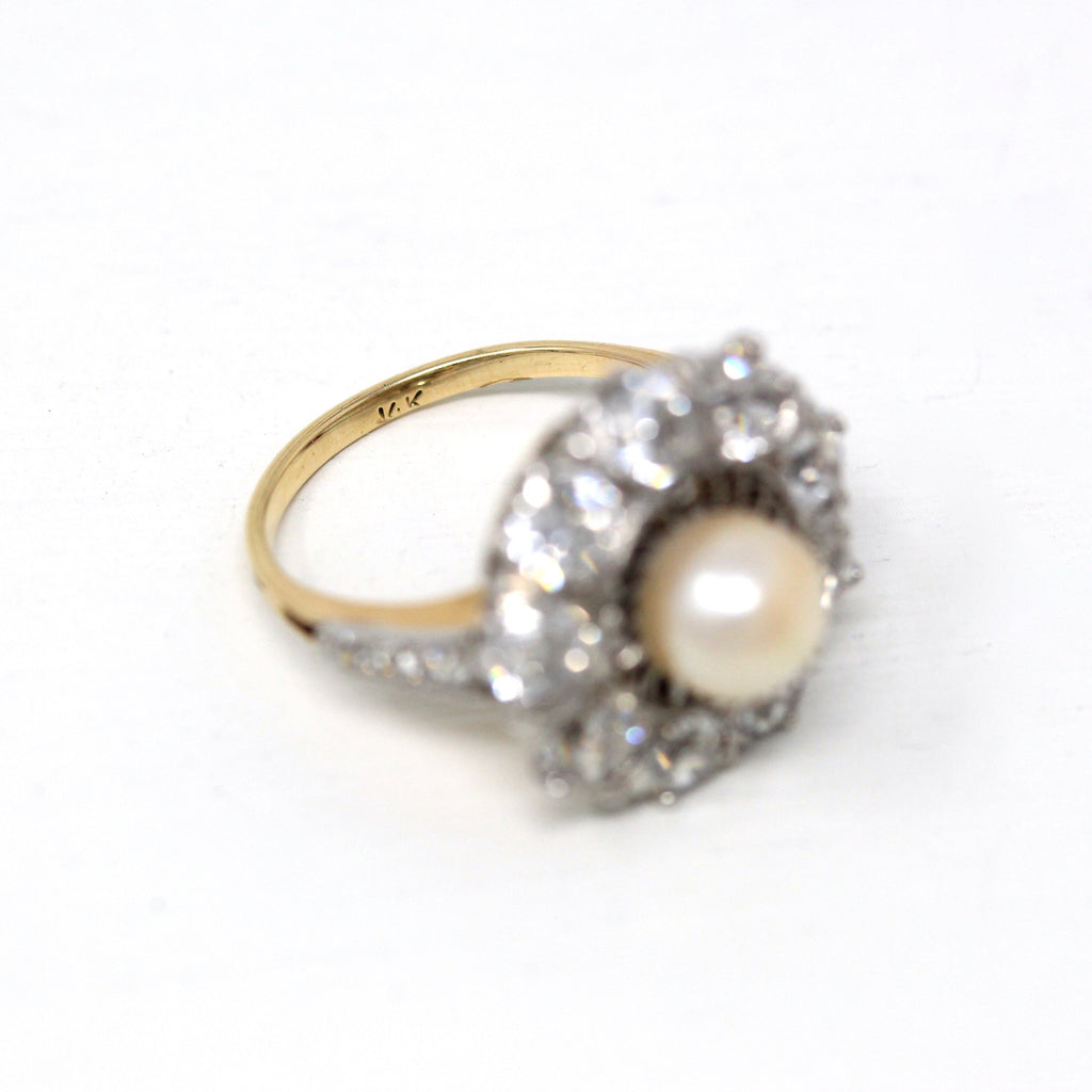 Cultured Pearl & Diamond Halo Ring - Edwardian 14k Yellow Gold Platinum 1.86 CTW Old European Cut - Antique Circa 1910s Size 5 1/4 Jewelry