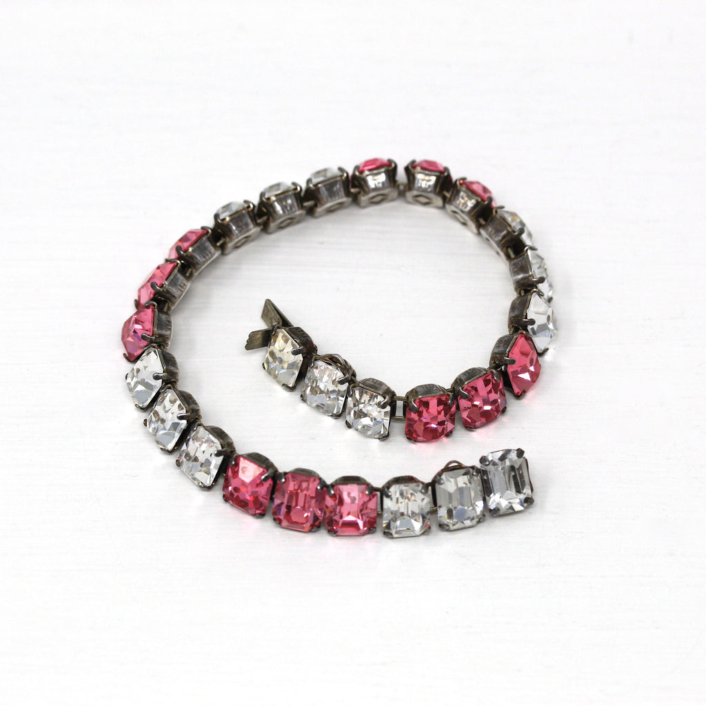 Art Deco Bracelet - Vintage Sterling Silver Pink & White Glass Rhinestones Line Style - Circa 1930s Era Statement Fashion Accessory Jewelry