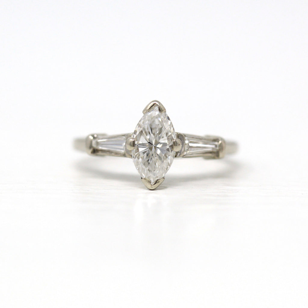 Marquise Diamond Engagement Ring - 1960s 14k White Gold Marquise Cut .81 CT Gem - Size 5 Tapered Baguette Fine Jewelry W/ Report