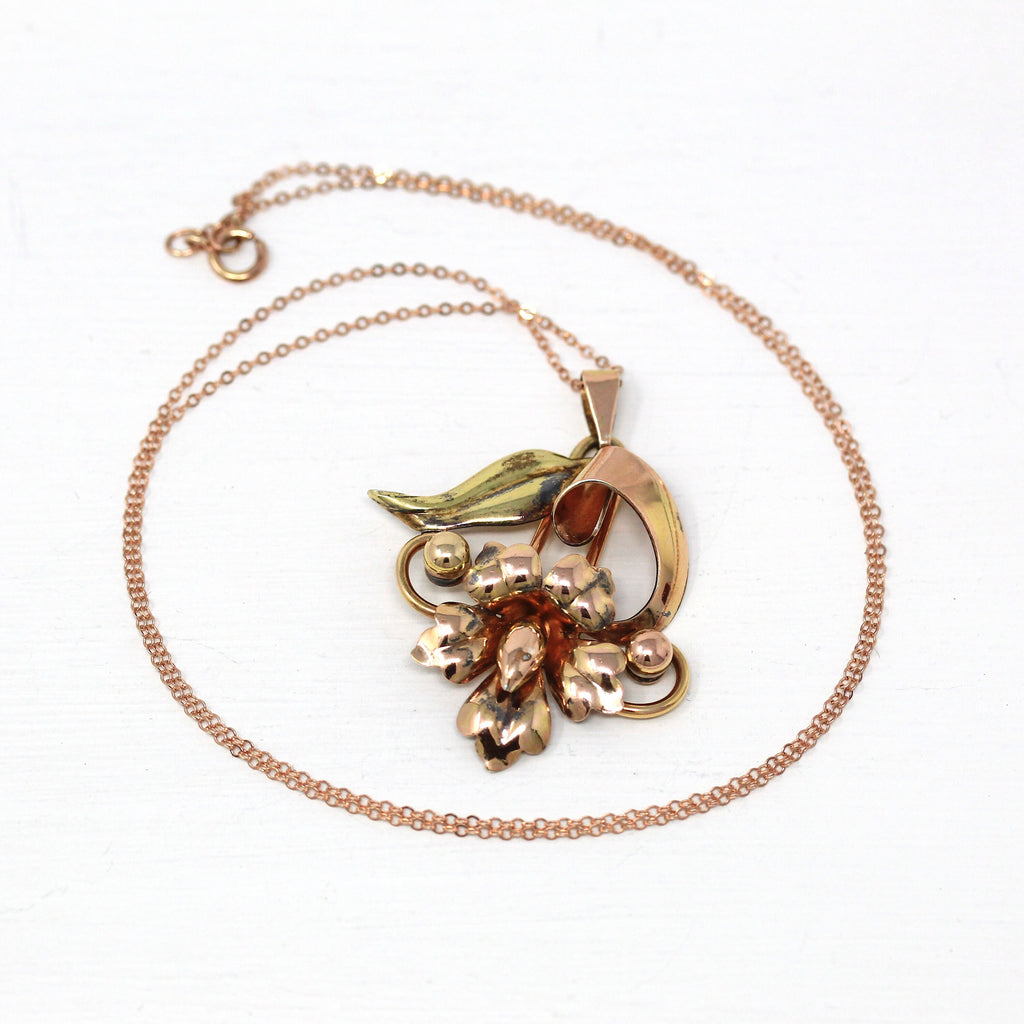 Vintage Flower Pendant - Retro 12k Two Tone Rose & Yellow Gold Filled Necklace - Circa 1940s Era Trumpet Floral Carl Art Accessory Jewelry