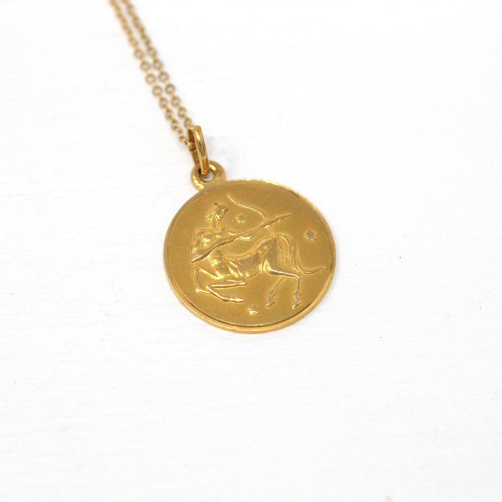 Vintage Sagittarius Charm - Retro 18k Yellow Gold Archer Astrological Sign Pendant Necklace - Circa 1970s Zodiac Fire Element Fine Jewelry