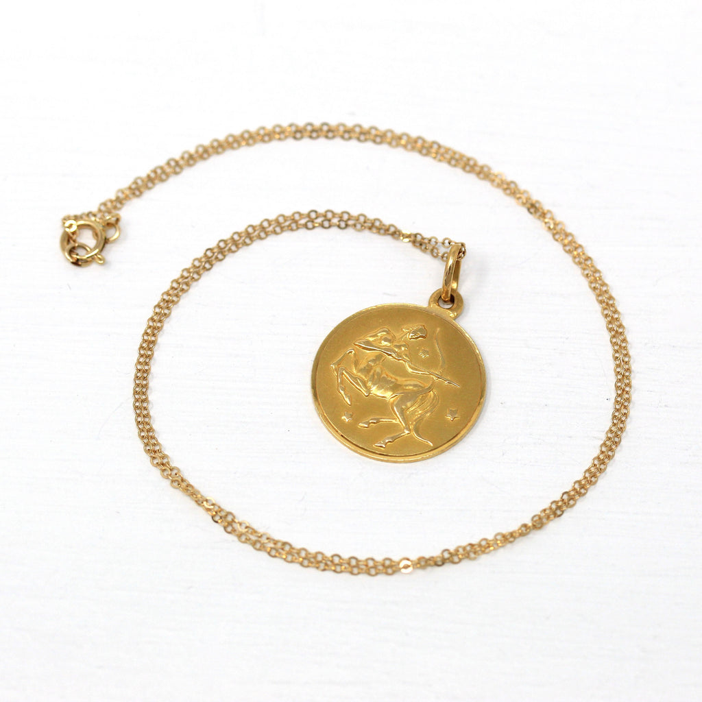 Vintage Sagittarius Charm - Retro 18k Yellow Gold Archer Astrological Sign Pendant Necklace - Circa 1970s Zodiac Fire Element Fine Jewelry
