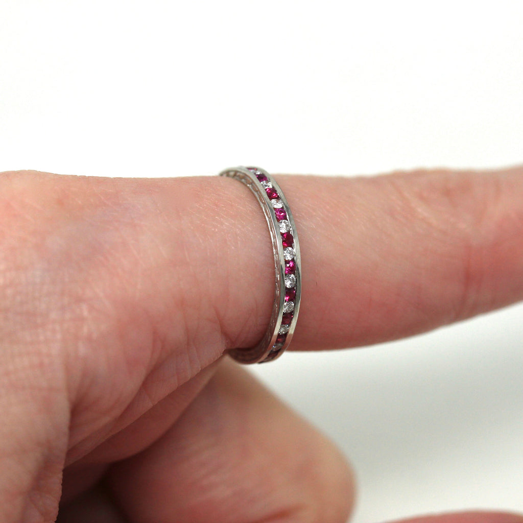 Diamond & Created Ruby Band - Vintage Art Deco Style Platinum Wedding Ring - Size 6 Modern Estate Fine Eternity Engraved Stacking Jewelry