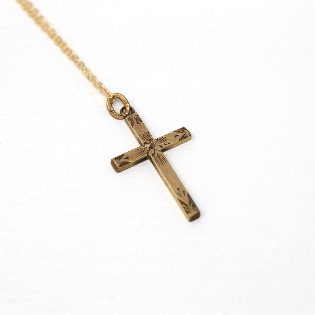 Vintage Cross Pendant - Retro Yellow Gold Filled Flower Designs Pendant Necklace - Religious Faith Crucifix Floral 1940s Era Jewelry