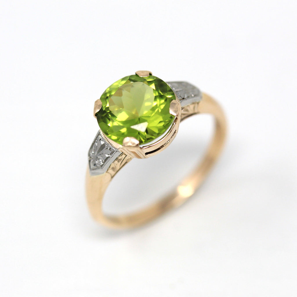 Vintage Peridot Ring - Retro 14k Yellow & White Gold Round Faceted 2.16 CT Gem - Circa 1940s Era Size 6 1/4 Two Tone Fine Flower Jewelry
