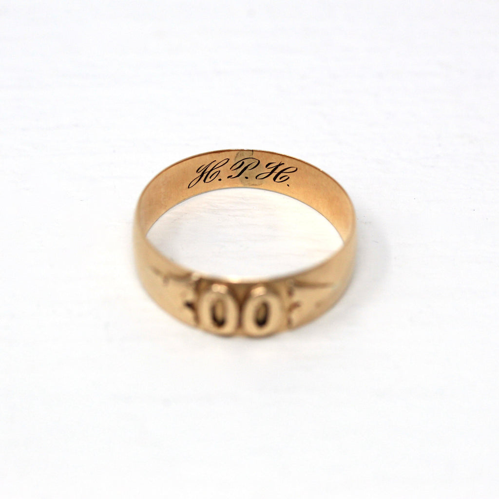 Dated "00" Band - Antique 14k Rose Gold "1900" Statement Unisex Style Ring - Edwardian Size 8 Engraved Letters "HPH" Initials Fine Jewelry