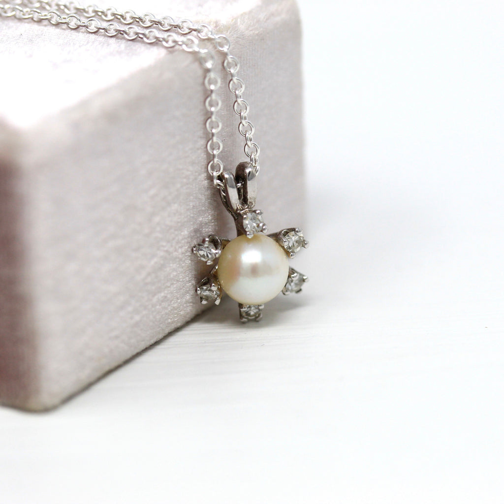 Cultured Pearl & Diamond Charm - Estate 14k White Gold Genuine .15 CTW Gems Pendant - Modern Circa 2000's Era Flower Necklace Fine Jewelry