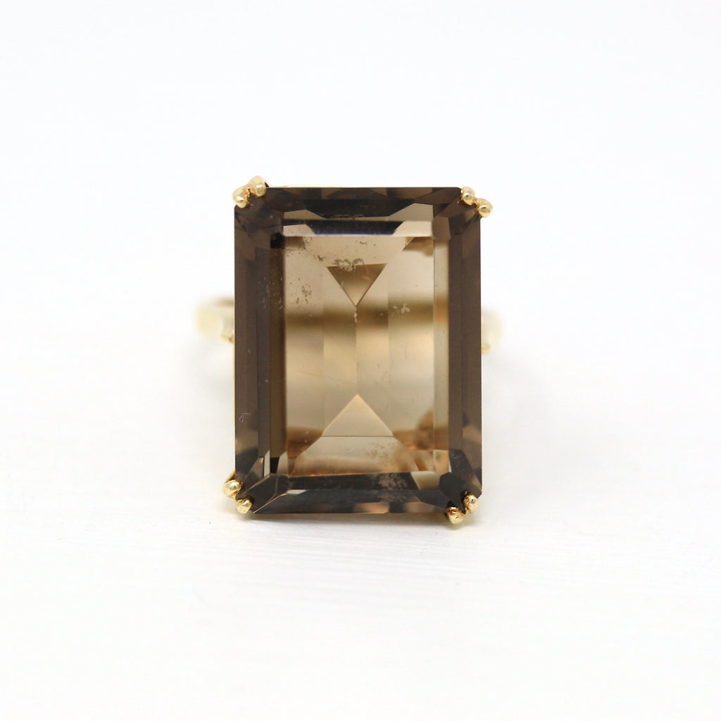 Smoky Quartz Ring - Retro 14k Yellow Gold Emerald Cut 9.59 CT Genuine Brown Gem - Vintage Circa 1970s Era Size 7 1/2 Statement Fine Jewelry