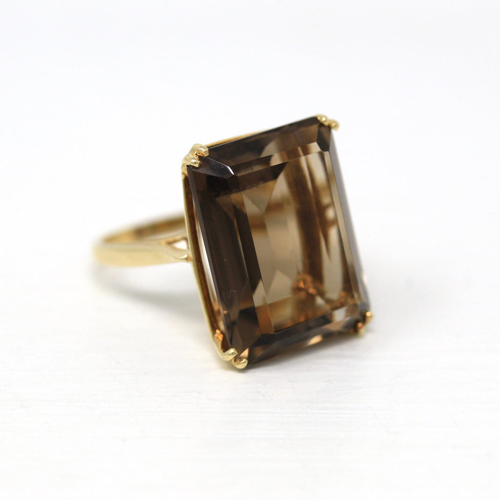 Smoky Quartz Ring - Retro 14k Yellow Gold Emerald Cut 9.59 CT Genuine Brown Gem - Vintage Circa 1970s Era Size 7 1/2 Statement Fine Jewelry