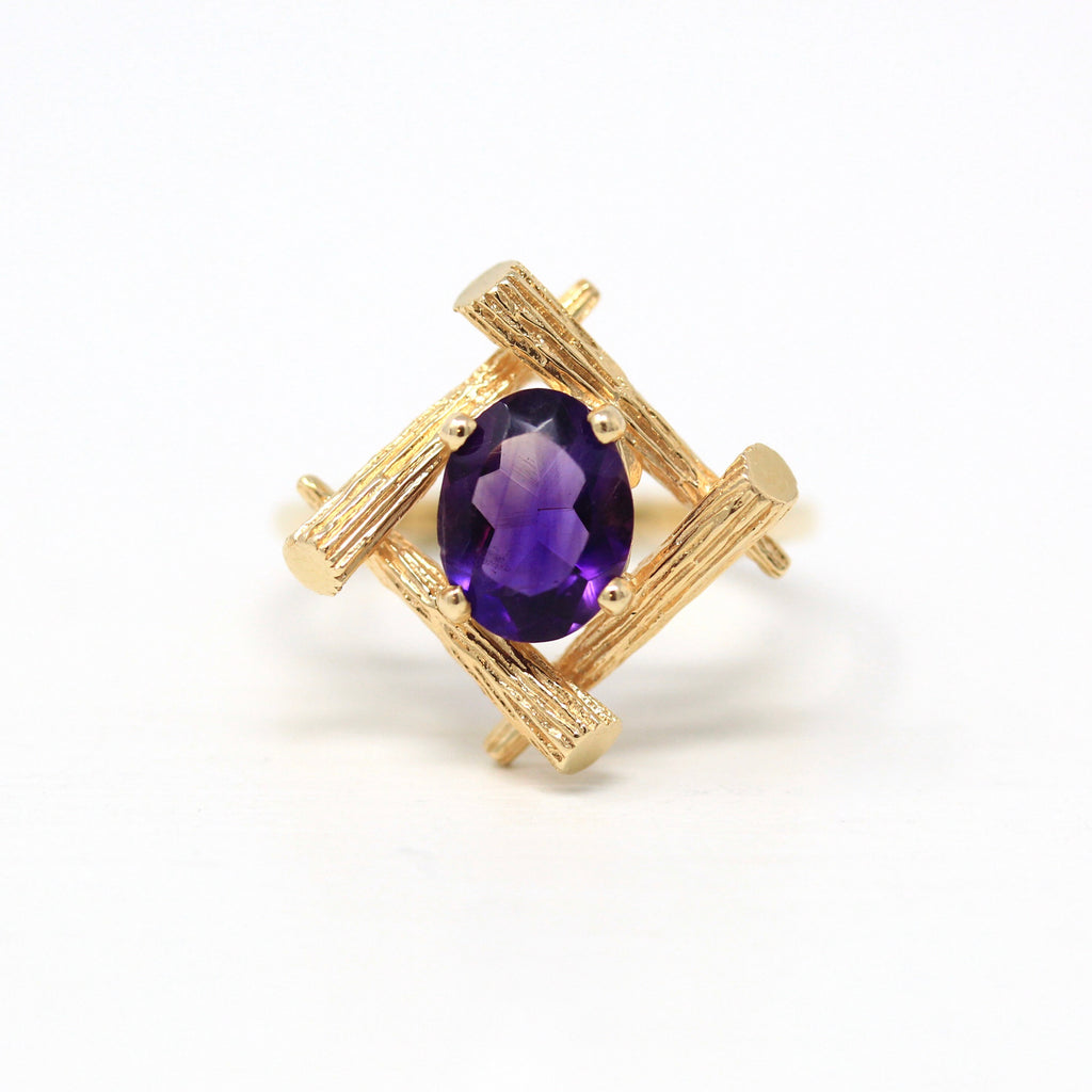 Genuine Amethyst Ring - Vintage Retro 14k Yellow Gold Bamboo Branch Statement - 1970s Size 7 3/4 February Birthstone Purple Gem Fine Jewelry