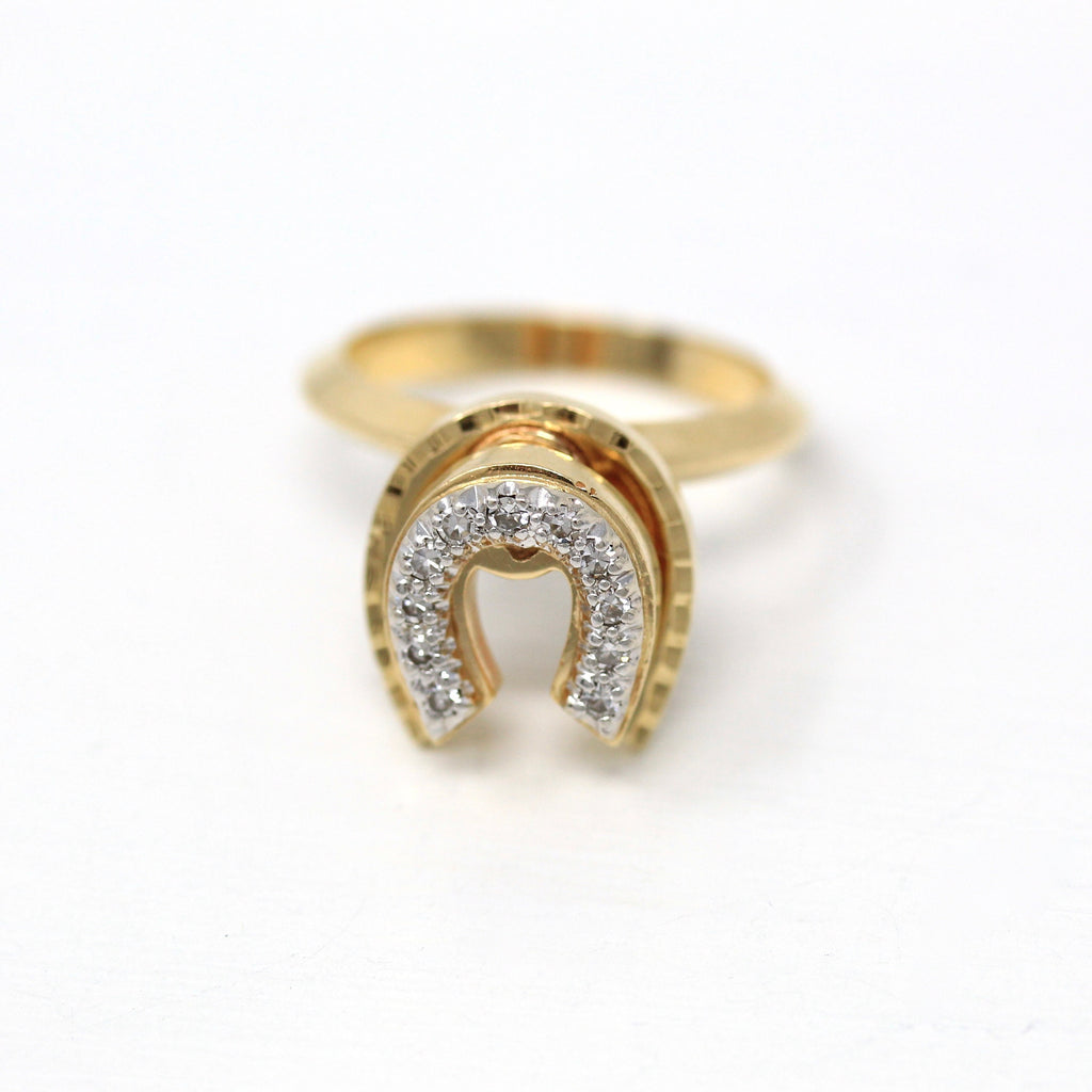 Diamond Spinner Ring - Vintage 1980s 14k Yellow Gold Double Horseshoe Motion Kinetic Flip - .11 CTW Gemstone Size 7 Statement Fine Jewelry