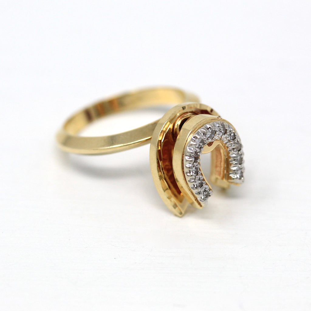 Diamond Spinner Ring - Vintage 1980s 14k Yellow Gold Double Horseshoe Motion Kinetic Flip - .11 CTW Gemstone Size 7 Statement Fine Jewelry