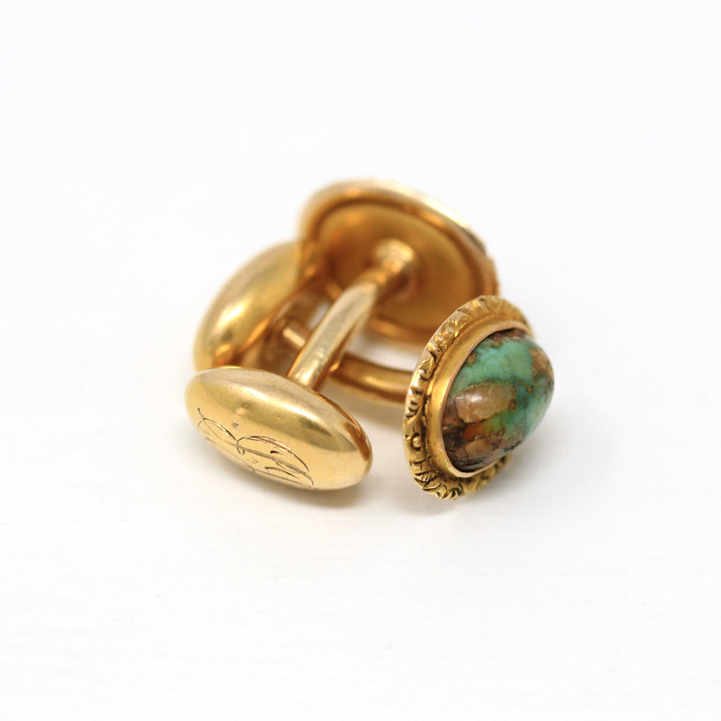 Edwardian Era Cufflinks - Antique 14k Yellow Gold Genuine Turquoise Mottled Green Gems - Vintage Circa 1900s Era Cabochon Cut Fine Jewelry