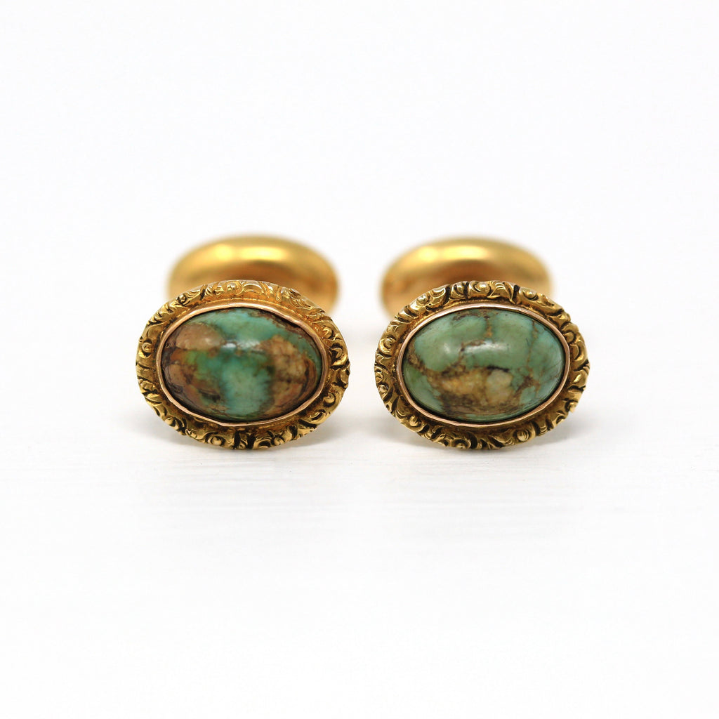 Edwardian Era Cufflinks - Antique 14k Yellow Gold Genuine Turquoise Mottled Green Gems - Vintage Circa 1900s Era Cabochon Cut Fine Jewelry