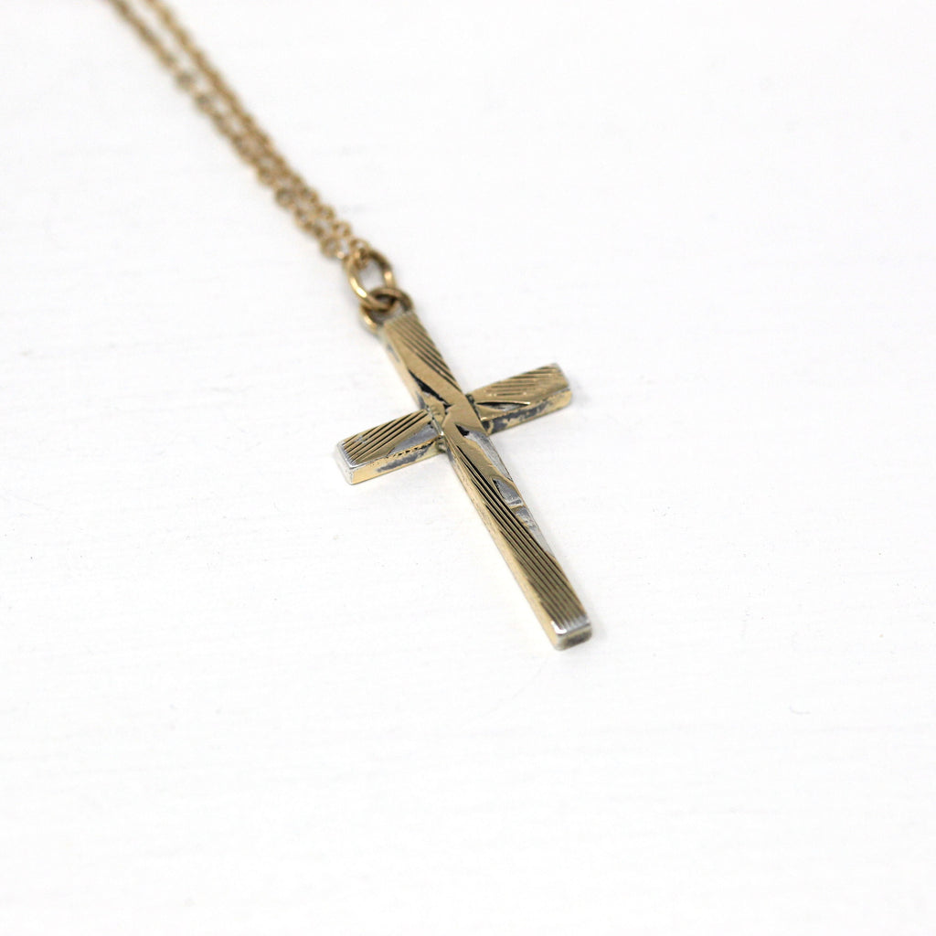 Vintage Cross Necklace - Retro 12k Gold Filled on Sterling Engraved Pendant Charm - Circa 1940s Era Dainty Religious Faith Crucifix Jewelry