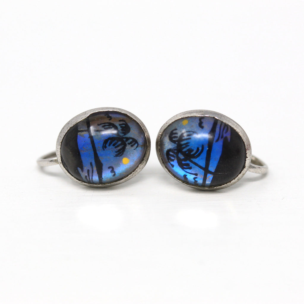 Morpho Butterfly Earrings - Art Deco Sterling Silver Blue Wing Screw Backs - Vintage Circa 1930s Era Tropical Palm Tree Beach Birds Jewelry