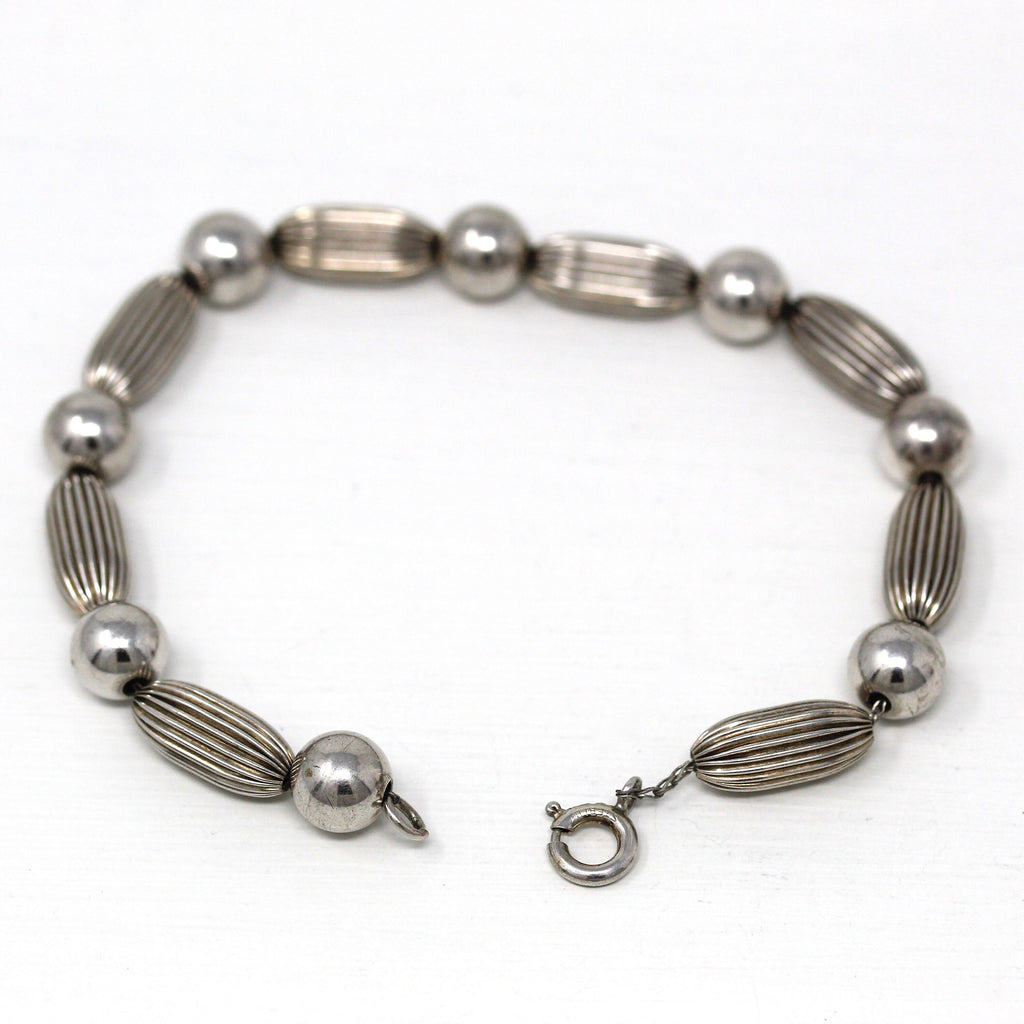 Vintage Bead Bracelet - Retro Sterling Silver Round Tube Beads Beaded Spring Ring Clasp - Circa 1960s Era Fashion Accessory 60s Jewelry