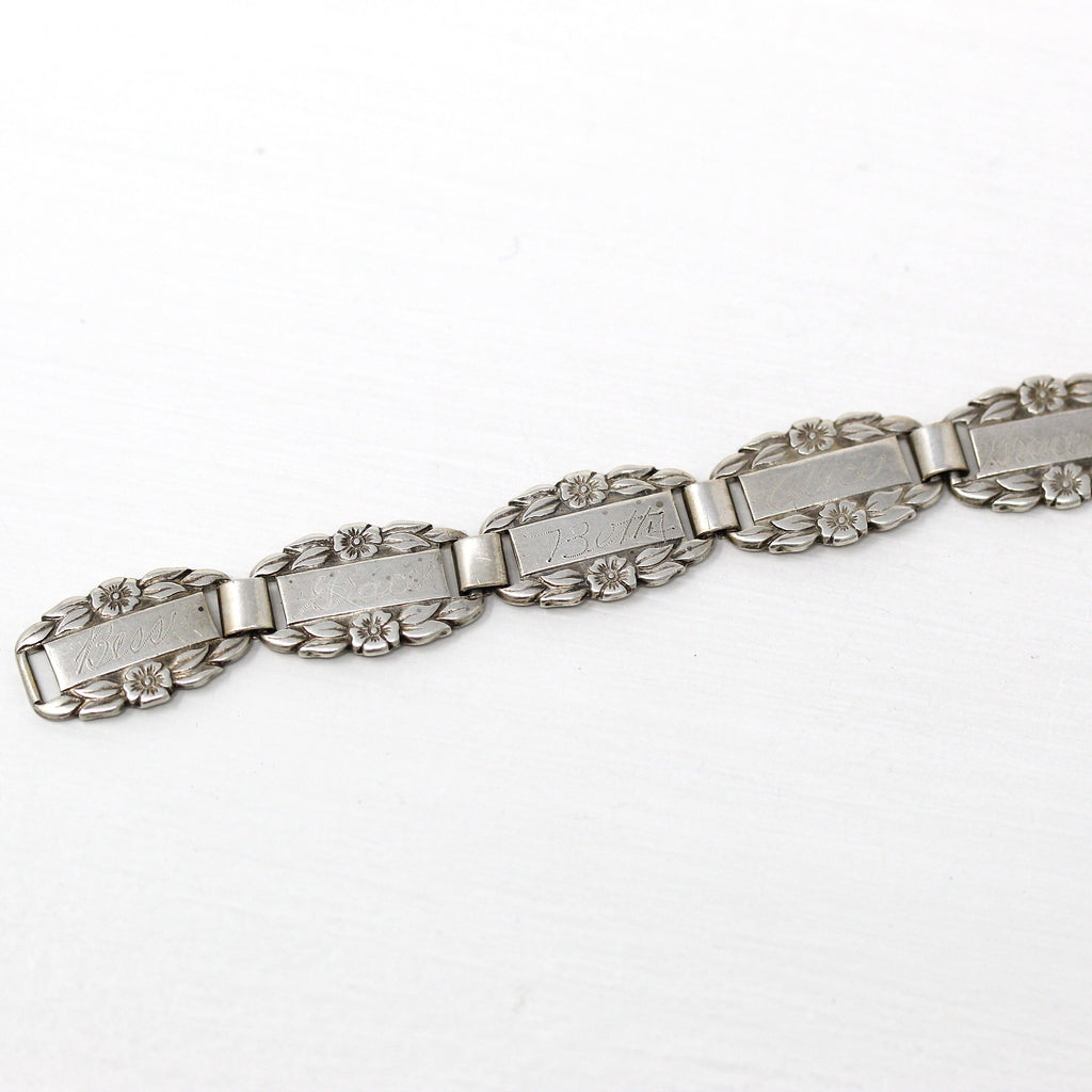 Forget Me Not Bracelet - Retro Sterling Silver Flower Engraved Names Grace Alice - Vintage Dated 1944 Panel Collectible WWII Era 40s Jewelry