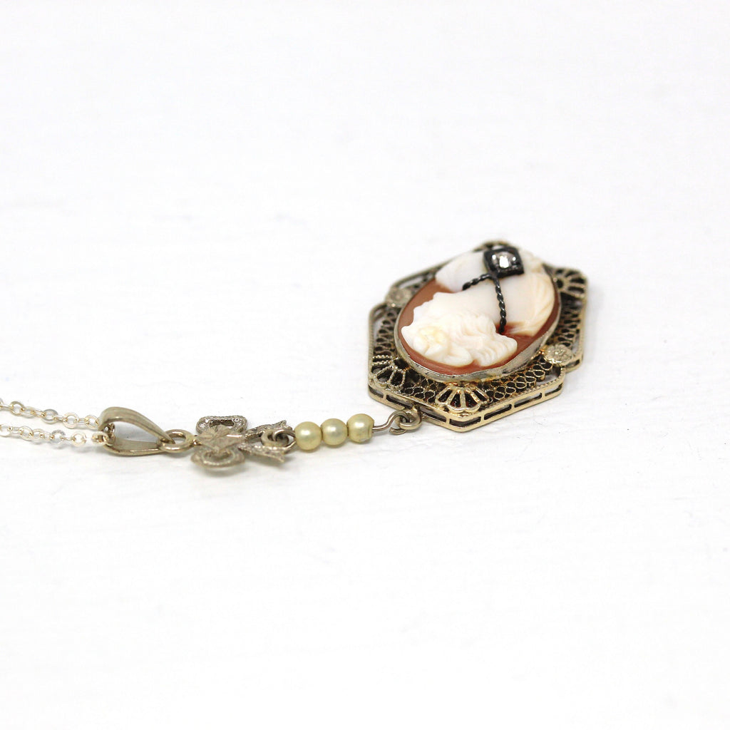 Vintage Cameo Necklace - Art Deco 14k White Gold Carved Shell Pendant Lavalier - Circa 1920s Filigree Bow Flower Fine Diamond Jewelry
