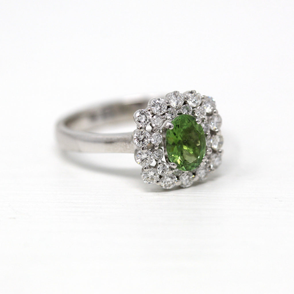 Green Tourmaline Ring - Modern 14k White Gold Oval Faceted .63 CT Genuine Gemstone - Estate Circa 2000's Era Size 7.5 Diamond Halo Jewelry