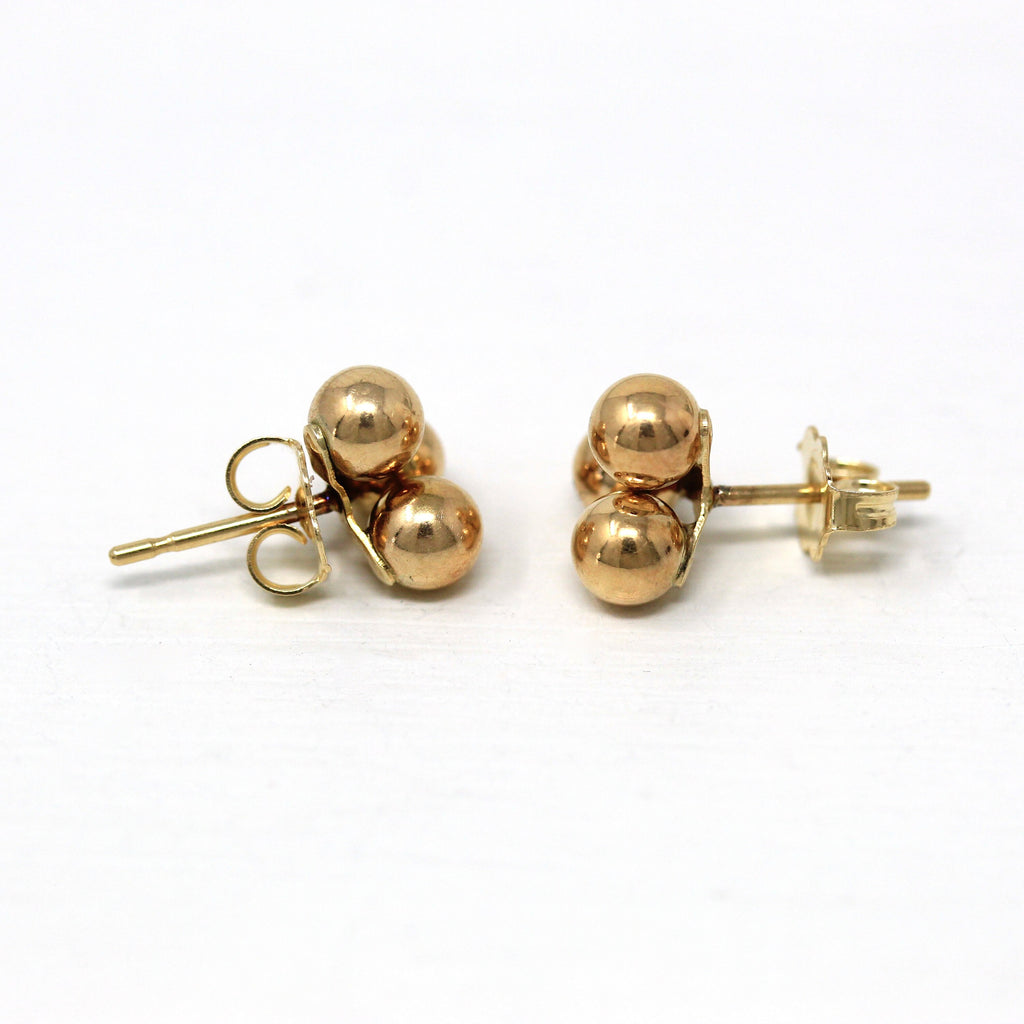 Trinity Ball Earrings - Estate 14k Yellow Gold Triple Round Pierced Push Back Post Studs - Modern Circa 1990s Era Three Spheres Fine Jewelry