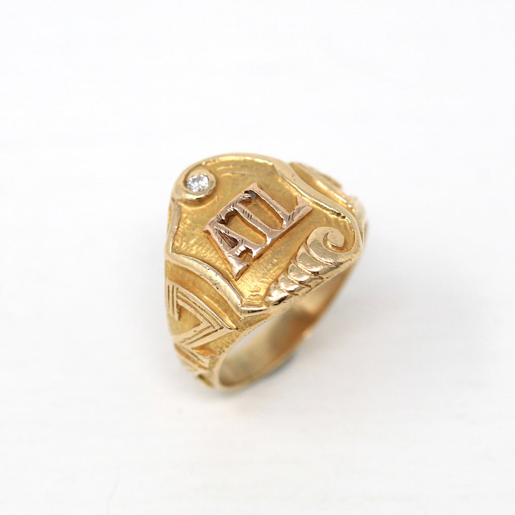 Letters "ATL" Ring - Art Deco 14k Yellow Gold Initials Scroll Signet - Vintage Circa 1930s Size 5 1/2 Genuine .01 CT Diamond Fine Jewelry